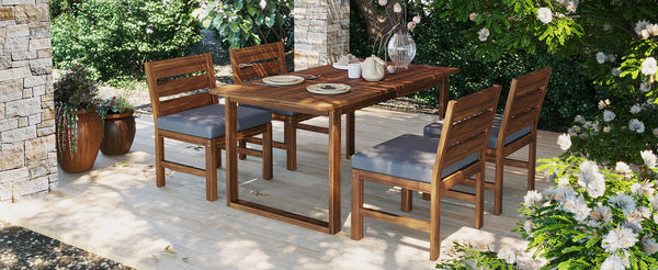 English Elm U_style Farmhouse Acacia Wood Outdoor Dining Set Seats Four with Cushioned Chairs Brown/Gray WY000497AAE