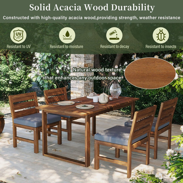 English Elm U_style Farmhouse Acacia Wood Outdoor Dining Set Seats Four with Cushioned Chairs Brown/Gray WY000497AAE