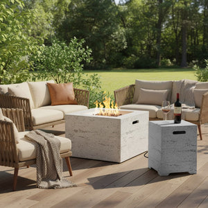 English Elm U_style Square MGO Propane Fire Pit Table Outdoor Patio Set with Lava Rocks Rain Cover WY000509AAA