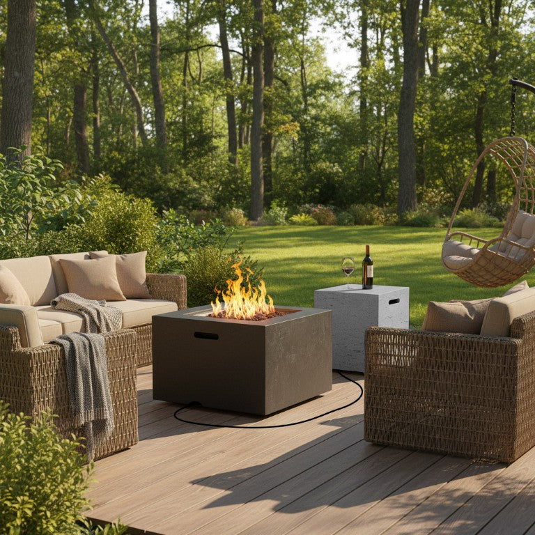 English Elm U_style Square MGO Propane Fire Pit Set with Steel Burner Lava Rocks and Tank Cover Table Black/Grey WY000509AAB