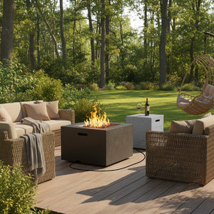 English Elm U_style Square MGO Propane Fire Pit Set with Steel Burner Lava Rocks and Tank Cover Table Black/Grey WY000509AAB