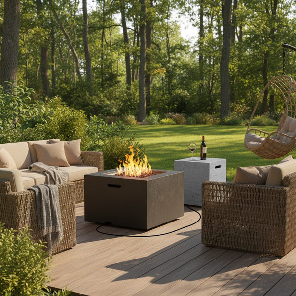 English Elm U_style Square MGO Propane Fire Pit Set with Steel Burner Lava Rocks and Tank Cover Table Black/Grey WY000509AAB