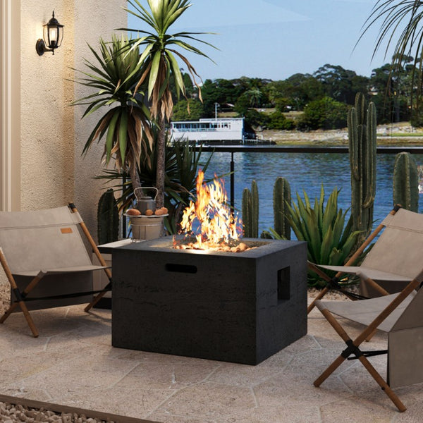 English Elm U_style Square MGO Propane Fire Pit Set with Steel Burner Lava Rocks and Tank Cover Table Black/Grey WY000509AAB