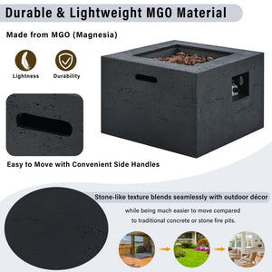 English Elm U_style Square MGO Propane Fire Pit Set with Steel Burner Lava Rocks and Tank Cover Table Black/Grey WY000509AAB