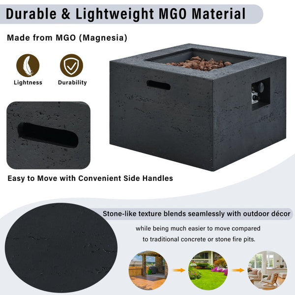 English Elm U_style Square MGO Propane Fire Pit Set with Steel Burner Lava Rocks and Tank Cover Table Black/Grey WY000509AAB