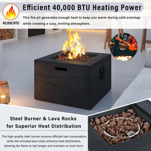 English Elm U_style Square MGO Propane Fire Pit Set with Steel Burner Lava Rocks and Tank Cover Table Black/Grey WY000509AAB