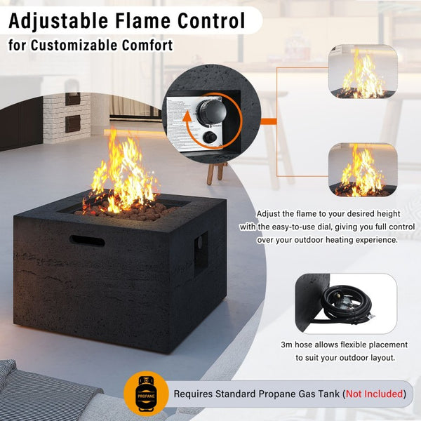 English Elm U_style Square MGO Propane Fire Pit Set with Steel Burner Lava Rocks and Tank Cover Table Black/Grey WY000509AAB