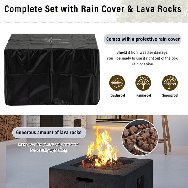 English Elm U_style Square MGO Propane Fire Pit Set with Steel Burner Lava Rocks and Tank Cover Table Black/Grey WY000509AAB