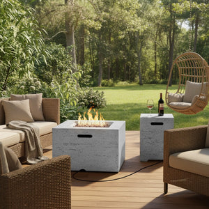 English Elm U_style Square MGO Propane Fire Pit Set with Steel Burner Lava Rocks and Tank Cover Table Light Grey WY000509AAE
