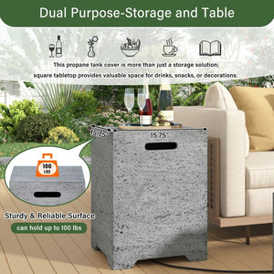 English Elm U_style Square MGO Propane Fire Pit Set with Steel Burner Lava Rocks and Tank Cover Table Light Grey WY000509AAE
