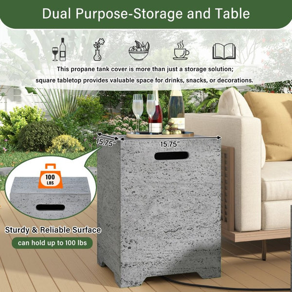 English Elm U_style Square MGO Propane Fire Pit Set with Steel Burner Lava Rocks and Tank Cover Table Light Grey WY000509AAE