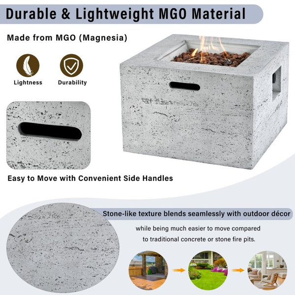 English Elm U_style Square MGO Propane Fire Pit Set with Steel Burner Lava Rocks and Tank Cover Table Light Grey WY000509AAE