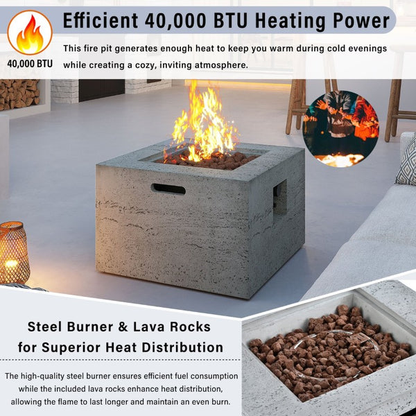 English Elm U_style Square MGO Propane Fire Pit Set with Steel Burner Lava Rocks and Tank Cover Table Light Grey WY000509AAE