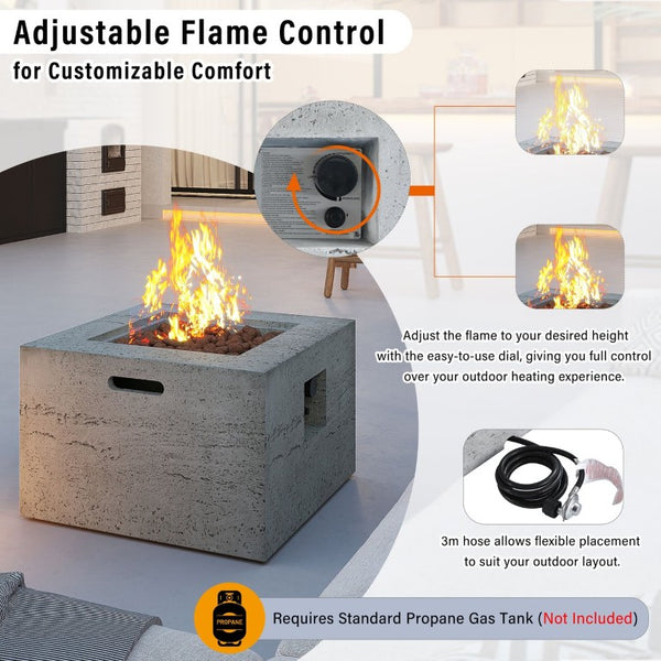 English Elm U_style Square MGO Propane Fire Pit Set with Steel Burner Lava Rocks and Tank Cover Table Light Grey WY000509AAE
