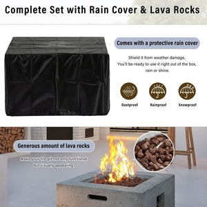 English Elm U_style Square MGO Propane Fire Pit Set with Steel Burner Lava Rocks and Tank Cover Table Light Grey WY000509AAE