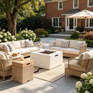 English Elm U_style Outdoor Propane Fire Pit Set MGO Stone Finish 50000 BTU with Tank Side Table 24.02" Square Beige, Grey WY000510AAA