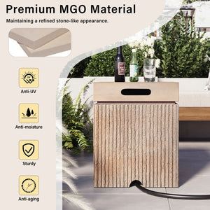 English Elm U_style Outdoor Propane Fire Pit Set MGO Stone Finish 50000 BTU with Tank Side Table 24.02" Square Beige, Grey WY000510AAA