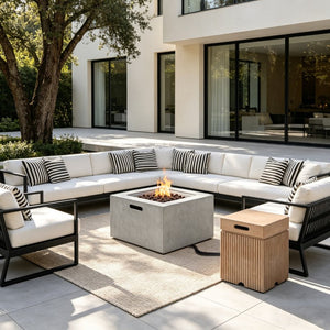 English Elm U_style Outdoor Propane Fire Pit Set MGO Stone Finish 50000 BTU with Tank Side Table 24.02" Square Brown, Grey WY000510AAE
