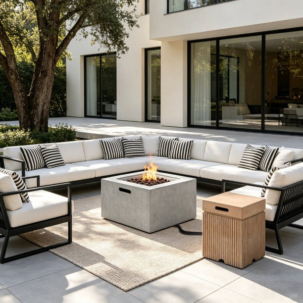 English Elm U_style Outdoor Propane Fire Pit Set MGO Stone Finish 50000 BTU with Tank Side Table 24.02" Square Brown, Grey WY000510AAE