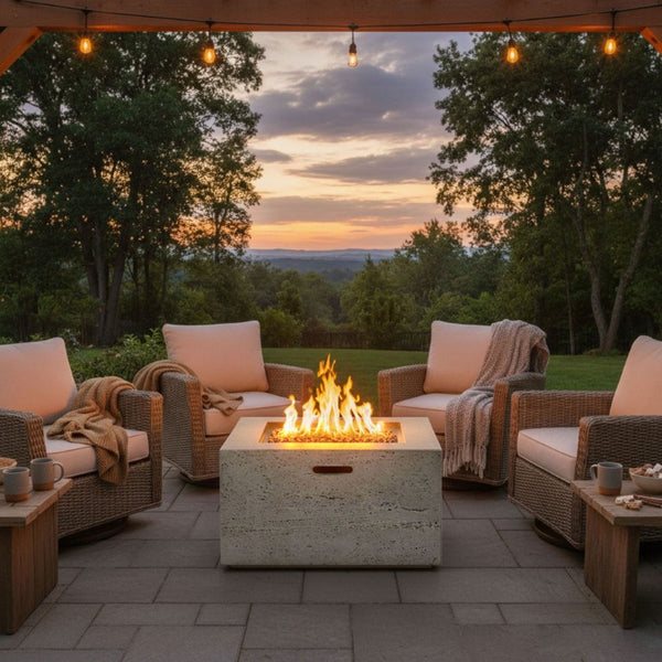 English Elm U_style Outdoor Propane Fire Pit Set MGO Stone Finish 50000 BTU with Tank Side Table 24.02" Square Brown, Grey WY000510AAE