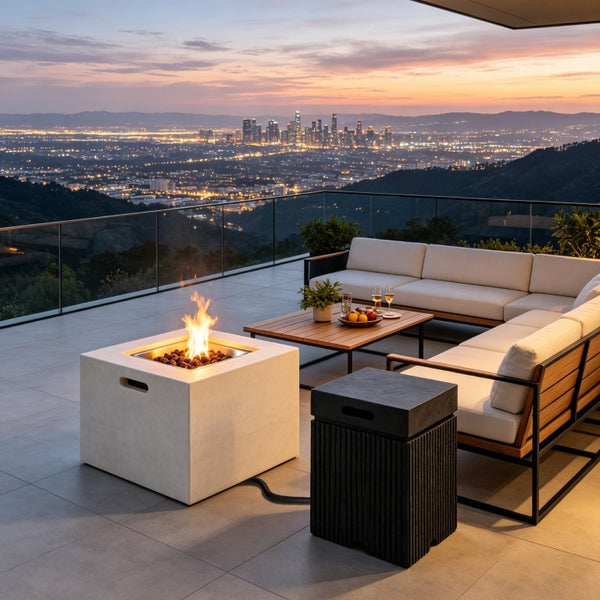 English Elm U_style Outdoor Propane Fire Pit Set MGO Stone Finish 50000 BTU with Tank Side Table 24.02" Square Beige, Black WY000511AAA