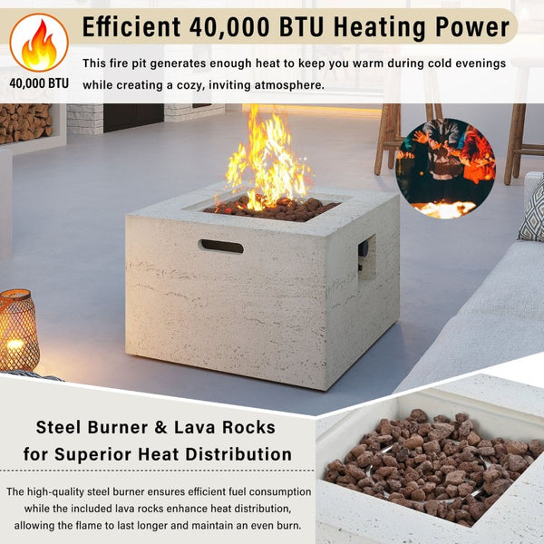 English Elm U_style Outdoor Propane Fire Pit Set MGO Stone Finish 50000 BTU with Tank Side Table 24.02" Square Beige, Black WY000511AAA