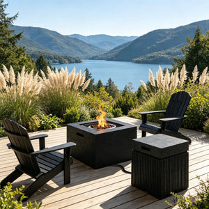 English Elm U_style Outdoor Propane Fire Pit Set MGO Stone Finish 50000 BTU with Tank Side Table 24.02" Square Black WY000511AAB