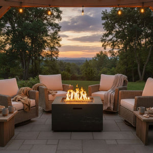 English Elm U_style Outdoor Propane Fire Pit Set MGO Stone Finish 50000 BTU with Tank Side Table 24.02" Square Black WY000511AAB