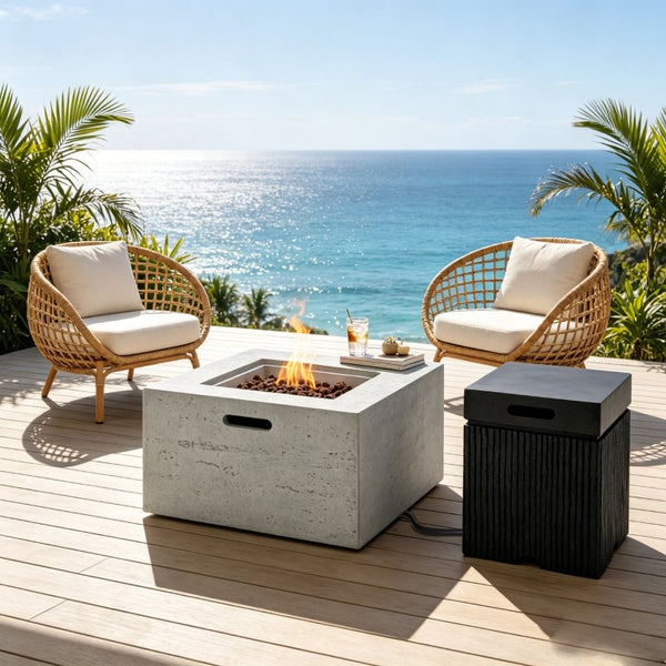 English Elm U_style Outdoor Propane Fire Pit Set MGO Stone Finish 50000 BTU with Tank Side Table 24.02" Square Black, Grey WY000511AAE