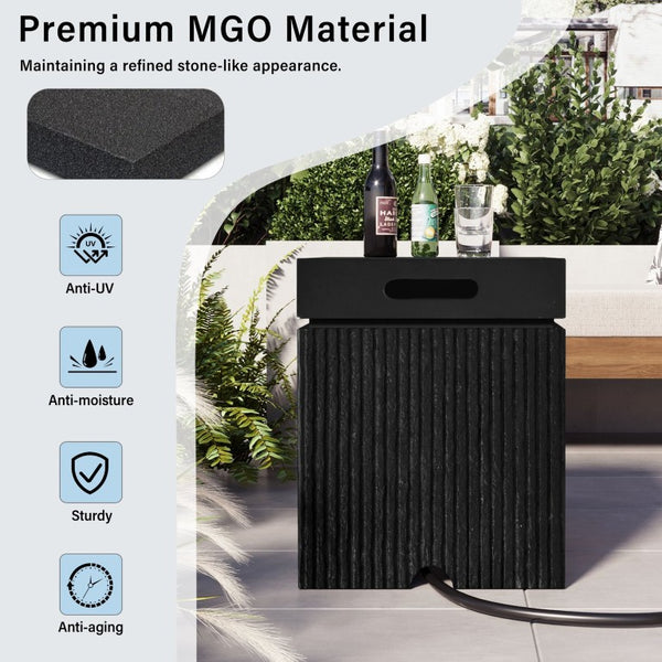 English Elm U_style Outdoor Propane Fire Pit Set MGO Stone Finish 50000 BTU with Tank Side Table 24.02" Square Black, Grey WY000511AAE