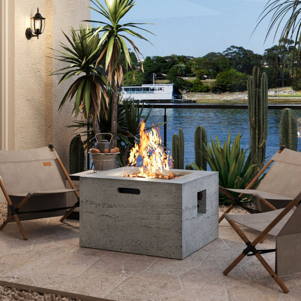 English Elm U_style Outdoor Propane Fire Pit Set MGO Stone Finish 50000 BTU with Tank Side Table 24.02" Square Black, Grey WY000511AAE