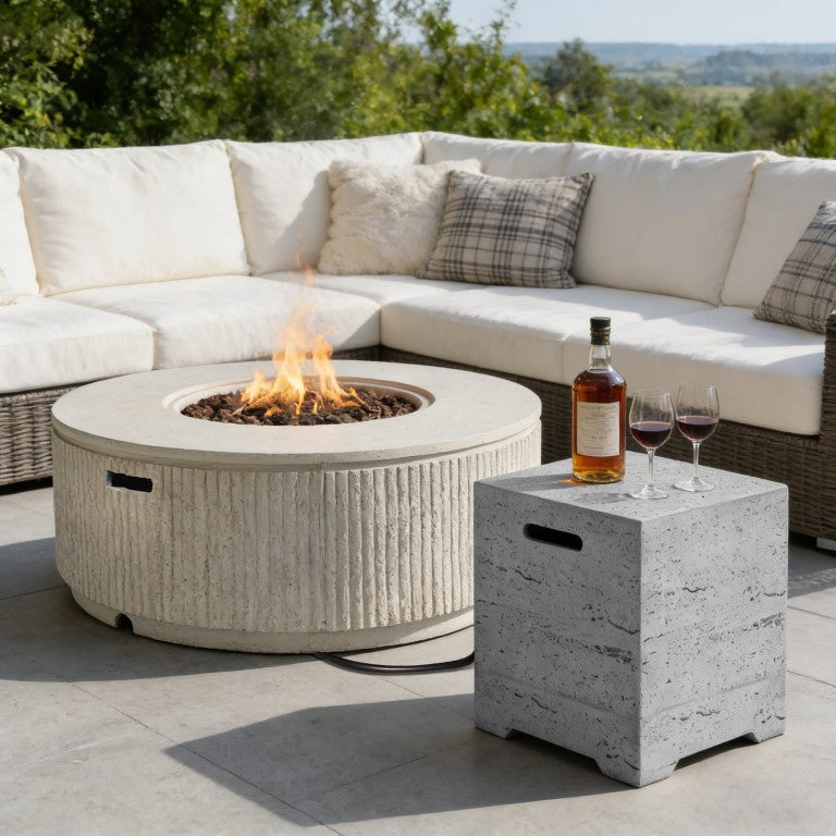 English Elm U_style 2 Piece Outdoor MGO Fire Pit Set with Propane Burner and Tank Side Table WY000518AAA