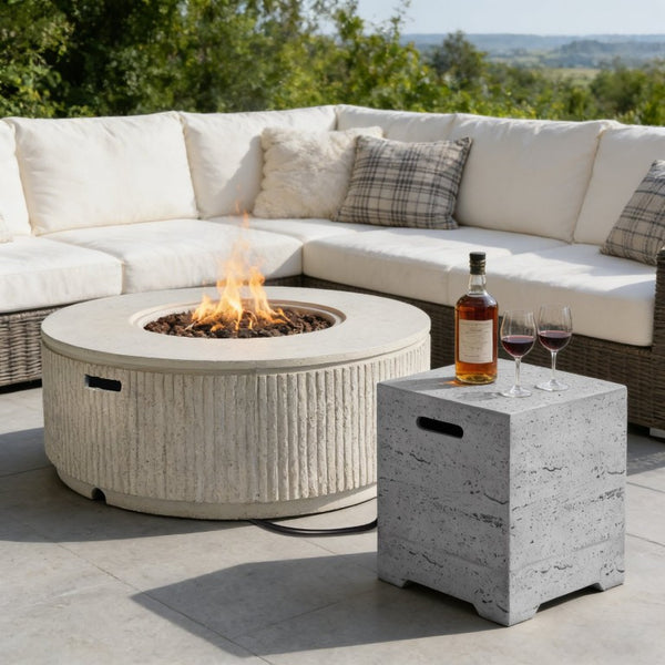 English Elm U_style 2 Piece Outdoor MGO Fire Pit Set with Propane Burner and Tank Side Table WY000518AAA