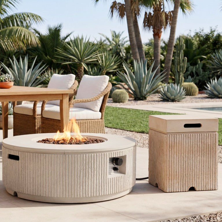 English Elm U_style Outdoor Propane Fire Pit Set MGO Round Table 50000 BTU Lava Rocks Included WY000519AAA