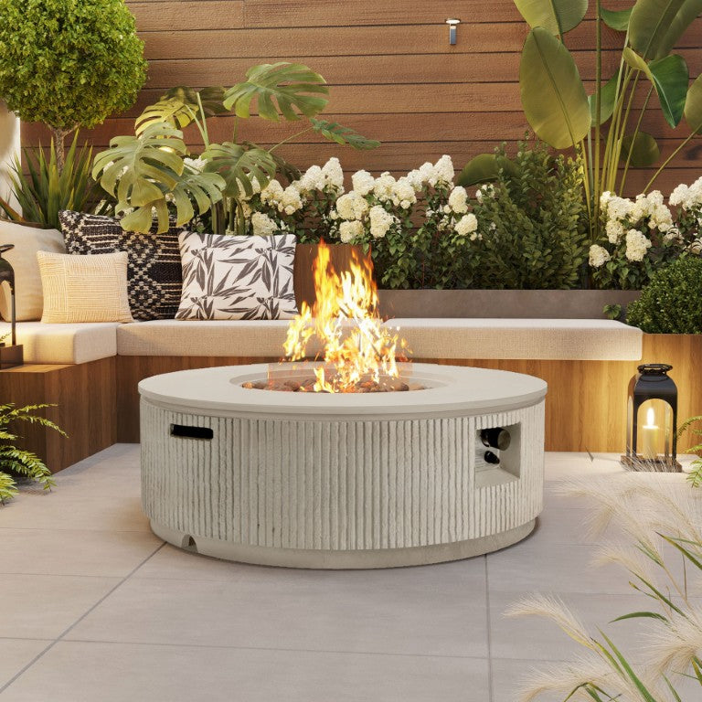 English Elm U_style Outdoor Propane Fire Pit Set MGO Round Table 50000 BTU Lava Rocks Included WY000519AAA