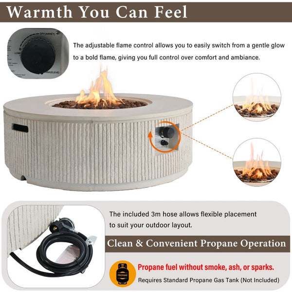 English Elm U_style Outdoor Propane Fire Pit Set MGO Round Table 50000 BTU Lava Rocks Included WY000519AAA