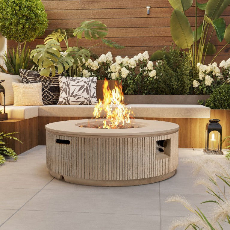 English Elm U_style Outdoor 2 Piece MGO Propane Fire Pit Set with Tank Cover Side Table WY000519AAD
