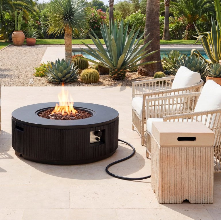 English Elm U_style Outdoor Propane Fire Pit Set MGO Round Table 50000 BTU with Tank Cover WY000519AAE