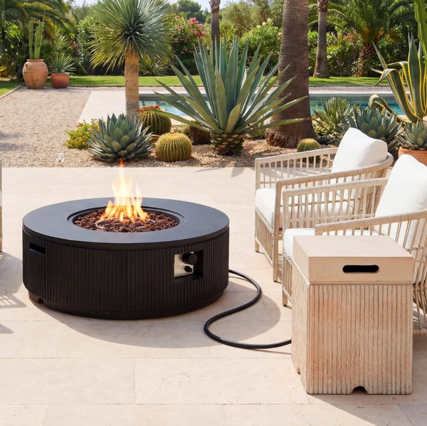 English Elm U_style Outdoor Propane Fire Pit Set MGO Round Table 50000 BTU with Tank Cover WY000519AAE