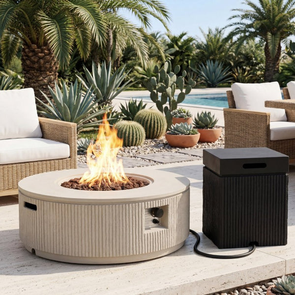English Elm U_style Outdoor Propane Fire Pit Set MGO Stone Finish 50000 BTU with Tank Cover Table WY000520AAA