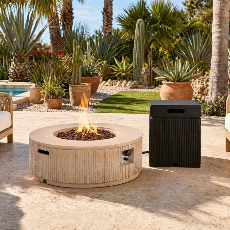 English Elm U_style 2 Piece Outdoor MGO Propane Fire Pit Set 50000 BTU Round Table with Side WY000520AAD