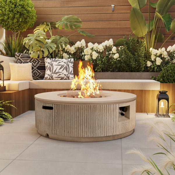 English Elm U_style 2 Piece Outdoor MGO Propane Fire Pit Set 50000 BTU Round Table with Side WY000520AAD