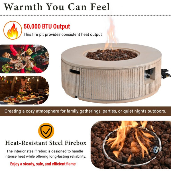 English Elm U_style 2 Piece Outdoor MGO Propane Fire Pit Set 50000 BTU Round Table with Side WY000520AAD