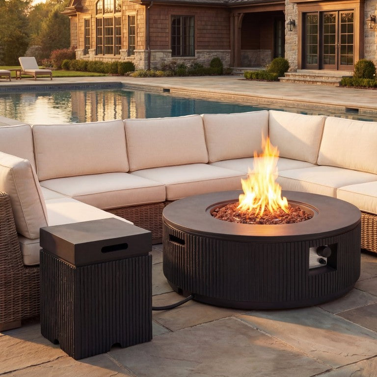 English Elm U_style 2 Piece Propane Fire Pit Set MGO Round Table with Tank Cover for Patio WY000520AAE