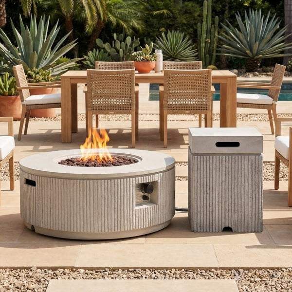English Elm U_style Outdoor Propane Fire Pit Set MGO Stone Texture 50000 BTU with Tank Cover Table WY000521AAA