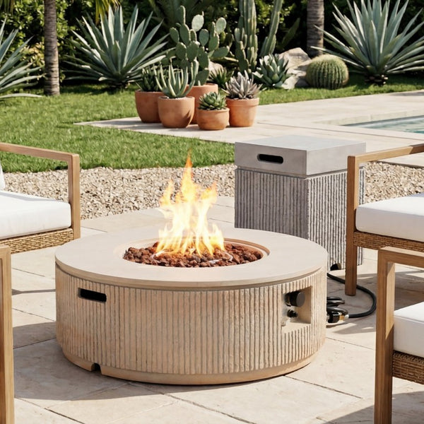 English Elm U_style Outdoor Propane Fire Pit Set MGO Stone Finish 50000 BTU with Tank Side Table 38.19" Round Brown, Grey WY000521AAD