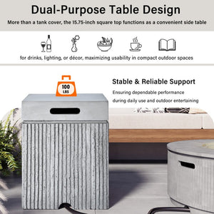 English Elm U_style Outdoor Propane Fire Pit Set MGO Stone Finish 50000 BTU with Tank Side Table 38.19" Round Brown, Grey WY000521AAD