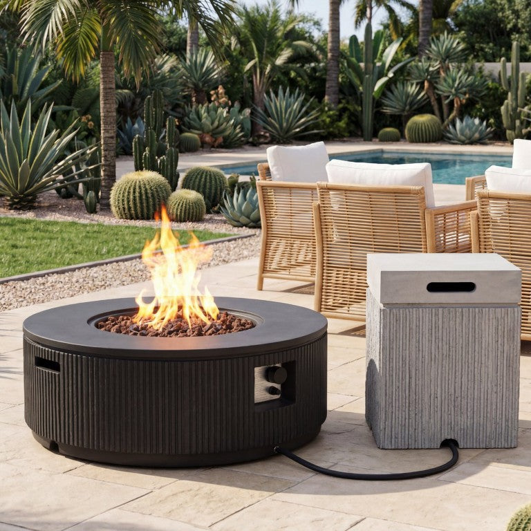 English Elm U_style Outdoor Propane Fire Pit Set MGO Fluted Round Table with Tank Cover 50000 BTU WY000521AAE