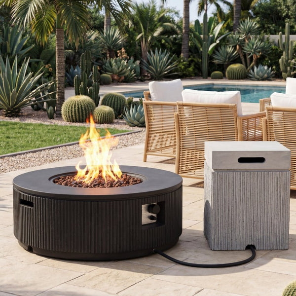 English Elm U_style Outdoor Propane Fire Pit Set MGO Fluted Round Table with Tank Cover 50000 BTU WY000521AAE