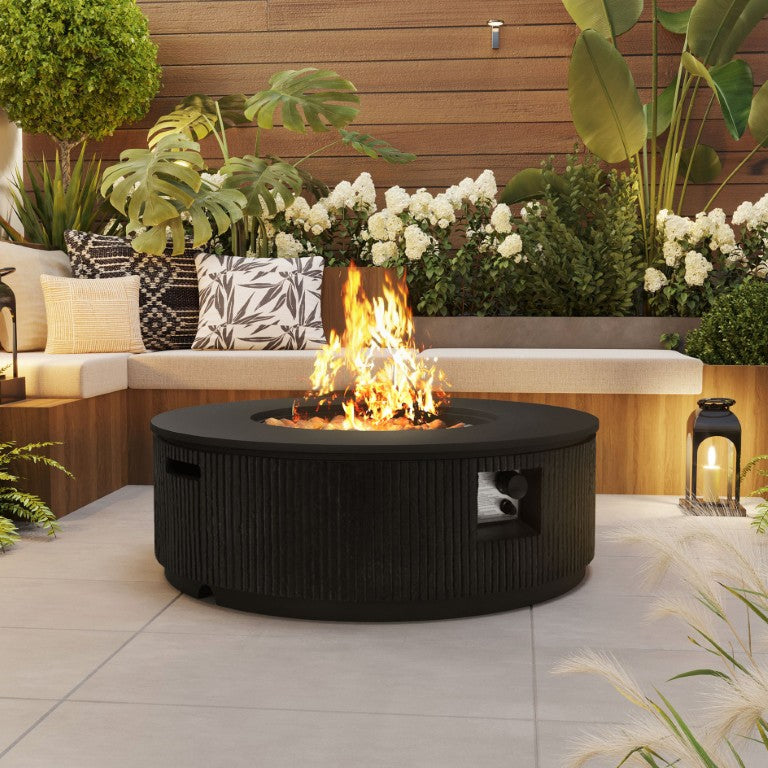 English Elm U_style Outdoor Propane Fire Pit Set MGO Fluted Round Table with Tank Cover 50000 BTU WY000521AAE
